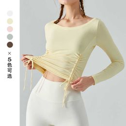 LU-461 Rib Side Pleated Yoga Top Suit Long Sleeve Slim Sport Shirt Running Fast Drying Fitness Gym Clothes