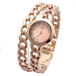 Wristwatches 2022 &D Women Watch Double Chain Rose Gold Stainless Steel Band Rhinestone Luxury Fashion Quartz Wrist Watches