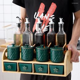 Storage Bottles Latest Top Nordic Simple Emerald Ceramic Sugar Salt Seasoning Pot Glass Bottle Combination Set Jars Sauce