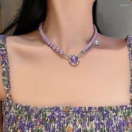 Cheker coreano na moda elegante estilo personalizado colar de cristal de coração para mulheres 2022 colares de pérolas roxas presentes de jóias de festa