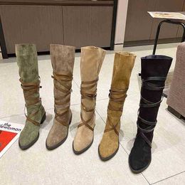 Boots Dress Shoes Knee High Woman Cowboy Lady Cross Tied Long Brand Pointed Toe Winter Botines De Mujer Square Heel