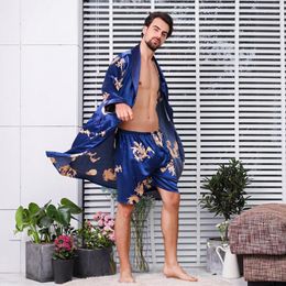 Men's Sleepwear Large Size Men Satin Robe Set Casual Robe&Shorts Blue Print 2PCS Long Sleeve Sleep Comfy Kimono Gown 5XL 6XL 7XL