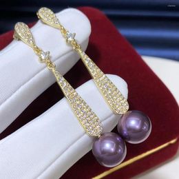 Dangle Earrings D413 Pearl Fine Jewellery 925 Sterling Silver Natural 9-10mm Round Fresh Water Purple Pearls Drop