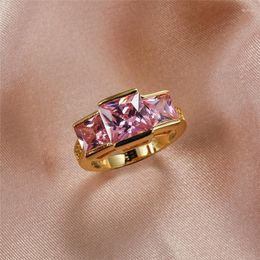 Wedding Rings Luxury Female Pink Crystal Stone Ring Yellow Gold Color Big For Women Vintage Bride Square Engagement
