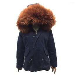 Women's Fur Navy Short Fashion Parka With Coffee Brown Faux Lining And Collar For Men Women