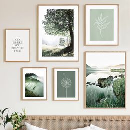 Wall Art Canvas Painting Green Tree Hill Lake Dandelion Reed Nordic Posters And Prints Wall Pictures For Living Room Home Decor Frameless