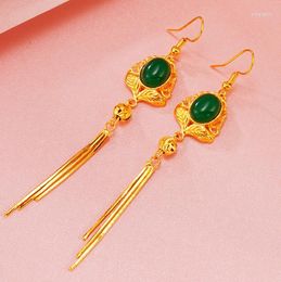 Dangle Earrings Pure Copper National Style Imitation Green Chalcedony Long For Women Vietnam Gold Ruby Tassel