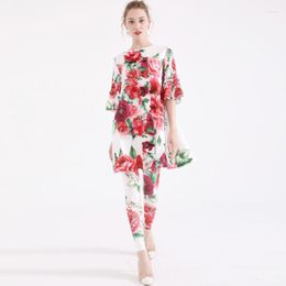 Women's Two Piece Pants 2022 Designer Runway Suit Sets Women's Half Sleeve Long Top Full Length Vintage Floral Print 2 Set