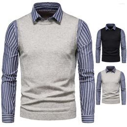 Men's Sweaters Spring Autumn Men's False Two-piece Shirt Blue And White Stripe Lapel Thick Warm Stretchy Knitting Male Casual Pullover