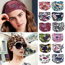 Bohemian Flower Print Wide Headbands Vintage Sports Yoga Knot Elastic Turban Headwrap for Women Girls Cotton Soft Bandana Hair Accessories