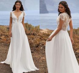 2023 Boho Chiffon Wedding Dress Sexy V-Neck Cap Sleeve Bridal Gown A-Line Lace Appliques Vestidos De Novia For Women