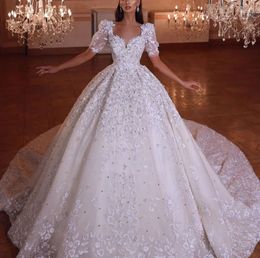 Princess Ball Gown Wedding Dresses Appliques V Neck Middle Sleeves Sparkling Sequins Beads Lace Ruffles 3D Flowers Floor Length Sparkling Bridal Gowns Plus Size