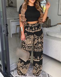 Women's Two Piece Pants Boho Crop Top & Tribal Print Wide Leg Set Sets Womens Outifits Summer Fashion Female Suit Outfits Woman Clothes