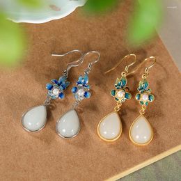 Dangle Earrings S925 Sterling Silver Gold Plated Hetian Jade Pearl Eardrops Classic National Style Cloisonne Ladies