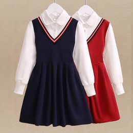 Sukienki dziewczynki Preppy Style dla dziewcząt Ubrania na wiosnę jesień bawełniany długie rękawie mundurek szkolne dzieci patchwork kostium vestidos 221028