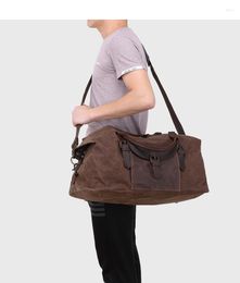 Duffel Bags Retro Travel Bag Hand-held Large-capacity Oil Wax Canvas Crazy Horse Leather Men's Waterproof Folding