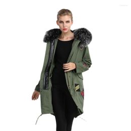 Women's Fur Fashion Women Winter Parka Long Style Army-green Colour Real Raccoon Collar Big Hoodies With Patch S-4XL