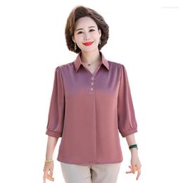 Women's Blouses Spring Autumn Women Fashion Three Quarter Sleeves Satin Blouse Vintage Femme Street Shirts Elegant Imitation Silk