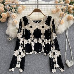 Women's T Shirts Hikigawa Chic Fashion Women Tops Retro Loose Crochet Hollow Design Long Sleeve Knit Early Autumn Thin O Neck Top Mujer