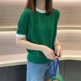 Women's T Shirts Ladies Short Sleeve Green Knitted T-shirt Women Summer Cute Multicolor Sweater Tshirt White Striped Knitwear Tee Shirt Knit