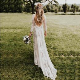 Charming Summer Boho Lace Long Sleeve Bridal Wedding Dresses Bateau Neck Wedding Gowns for Bride Open Back Sweep Train On Sale