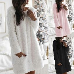 Casual Dresses Women Plush Short Dress Round Collar Solid Long Sleeve Straight Loose For Spring Fall S-XL