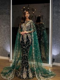 Emerald Prom Ball Gown Long Sleeve Sparkling Luxury Evening Dresses Lace Bridal Modest Dress With Detachable Skirt BC14284