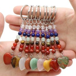 Love Heart Stone Key Rings 7 Colours Chakra Beads Chains Charms Keychains Healing Crystal Keyrings for Women Men