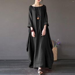 Casual Dresses Women Dress Summer Beach Cotton Linen Long Sleeve Solid Elegant Maxi Kaftan Ladies Plus Size Boho Robe