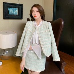 Work Dresses Tweed Two Piece Set For Women 2022 Autumn Winter Small Fragrance Long Sleeve Jacket Coat Mini Skirt Woolen Suit Ladies Outfits