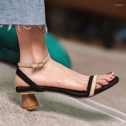 Sandals Women Summer French One-strip Fashion Colour Matching Retro Wood Grain Profiled Heel Open Toe Dress High Heels