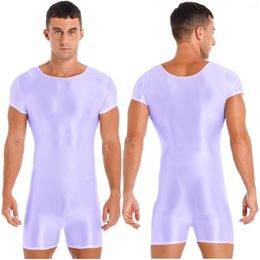 Men's Body Shapers Mens Solid Color Glossy Lingerie Bodysuit Short Sleeve Round Neck Swimwear Running Yoga Swimming Suit