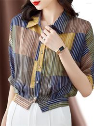 Women's Blouses Woman Summer Style Tops Lady Casual Half Lantern Sleeve Turn-down Collar Striped Printed Blusas SP1578