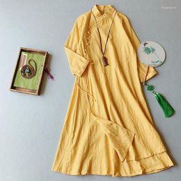 Casual Dresses Women Dress Solid Colour 2022 Spring Retro Cotton Linen Chinese Style Double Layer Long Sleeve Robe