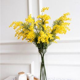 Decorative Flowers Home Living Room Decoration 5pcs/lot Yellow White Plastic Artificial Bouquet El Dinner Table Art Decor Albizia Flower