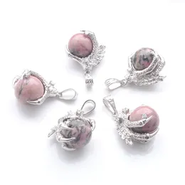 Natural Stone Rhodochrosite Pendants Round Ball Bead Dragon Claw Crystal Reiki Chakra Women Dangle Pendant Gift N3110