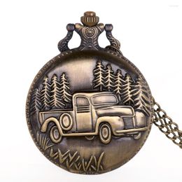 Pocket Watches Fashion Watch With Chain Bronze Retro Big Truck Forest Tree Car Driver Gifts Drop