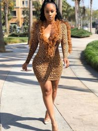 Casual Dresses SKMY Club Outfits For Women Party Sexy Deep V Leopard Print Lace Ruffles Patchwork Long Sleeve Bodycon Dress 2022 Spring