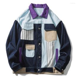 Men's Jackets Men's LACIBLE Jacket Vintage Multi Pockets Color Block Denim Patchwork Jacekts Coats Streetwear Hip Hop Harajuku Casual