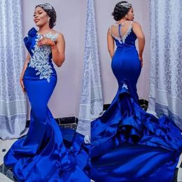 Royal Blue Mermaid Evening Dresses Sleeveless Designer 2023 Crystals Beaded Satin Appliqued Custom Made Formal Ocn Wear Arabic Prom Gown Vestidos 401 401