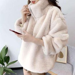 Women's Fur 2022 Turtleneck Furry Sweatshirt Women Winter Casual Plush Faux Coat Vintage Thick Korean Zipper Keep Warm Hoodies Tops