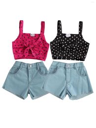 Clothing Sets Baby Girl's Casual Suit Sleeveless Polka Dot Bow Lace-up Midriff-baring Camisole Loose Jeans Shorts Daily Life