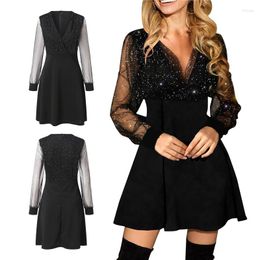 Casual Dresses Women Party Wedding Summer Spring Mesh Patchwork Long Sleeve V Neck Stripes Sequins Glitter Vestidos Sexy Clubwear 3XL