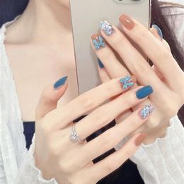 False Nails 24pcs Glitter Aquamarine Design Wearable Press On Nail Short Square Round Stickers Fake Tips