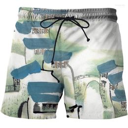 Men's Shorts Men's 2022 Men 3D House Retro Chinese Brush Painting Print Fashion Beach Summer Casual Let In Air Swimsuit