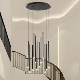 Pendant Lamps Modern Simple Duplex Building Spiral Staircase Chandelier Villa Living Room Loft Long Hanging Light Black Round LED Lamp