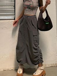 Skirts Vintage Drawstring Cargo Skirt Women Irregular Y2k Grunge Skater Pocket High Waist Loose Straight Long Wrap Streetwear