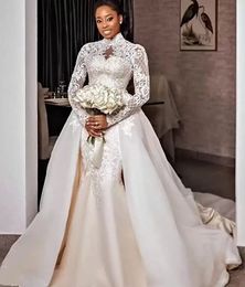 Vintage High Neck Mermaid Wedding Dress Long Sleeves Lace Appliques Bridal Gowns With Detachable Train Arabic Dubai African Bride Wear 2023 Robe de Marriage