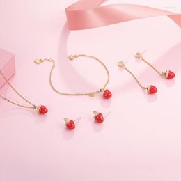 Necklace Earrings Set & 2022 Korean Style Gold Strawberry Women's Mini Fruit Ear Studs Fashion Bracelet Jewellery