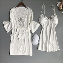 Women's Sleepwear Sexy Lace Kimono Bath Gown Women 2PCS Robe Set Chemise Nightgown Summer Satin V-Neck Bathrobe Nightwear Home Clothes